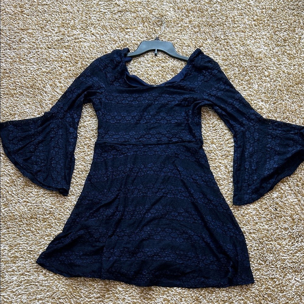 Love Reign Navy Blue Lace Dress with Flared Sleeves